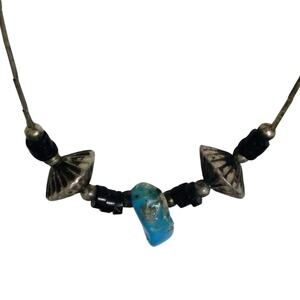 1970s Sterling Silver Liquid Beads Turquoise Stone Statement Boho Necklace
